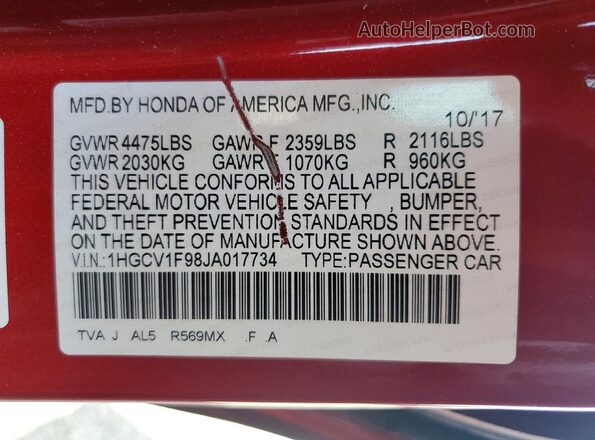 1HGCV1F98JA017734 2018 HONDA ACCORD Red Շարժիչի բաժամունքի տեսք