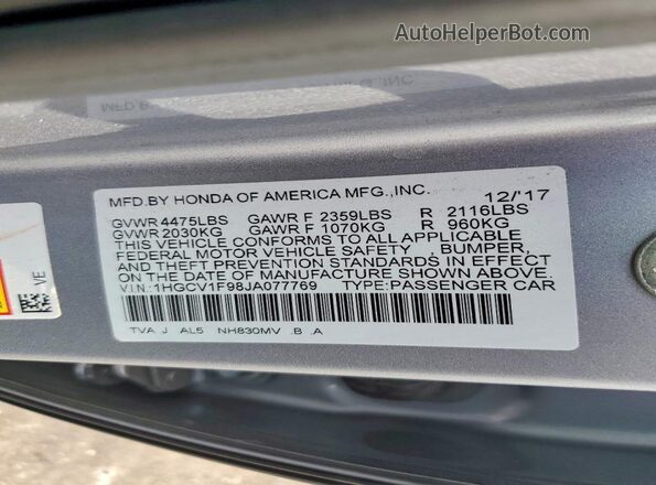 1HGCV1F98JA077769 2018 HONDA ACCORD Silver Вид підкапотного простору