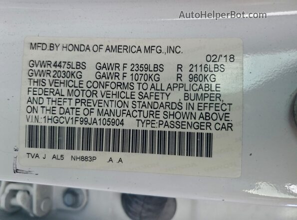 1HGCV1F99JA105904 2018 HONDA ACCORD White Vista de la etiqueta del VIN