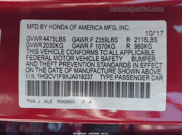 1HGCV1F9XJA018237 2018 HONDA ACCORD Red Engine compartment view