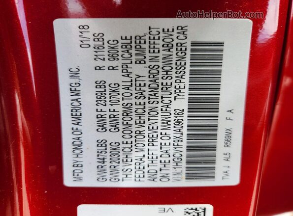 1HGCV1F9XJA096162 2018 HONDA ACCORD Red Շարժիչի բաժամունքի տեսք
