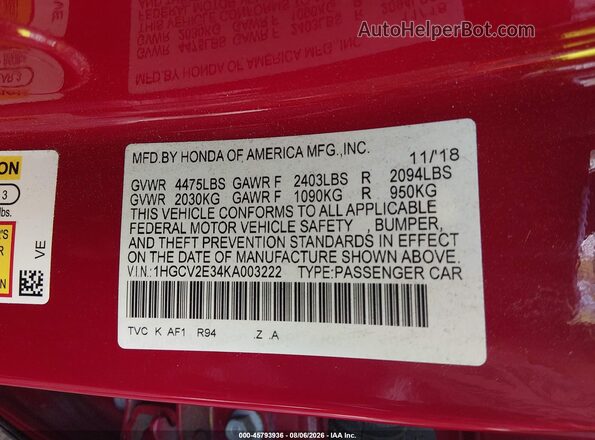 1HGCV2E34KA003222 2019 HONDA ACCORD Red Вид підкапотного простору