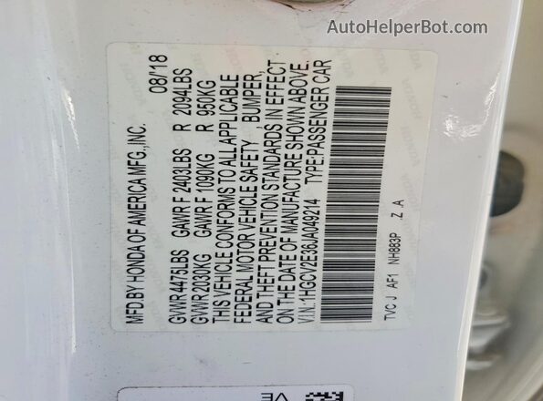 1HGCV2E36JA049214 2018 HONDA ACCORD White Вид наклейки з VIN-кодом