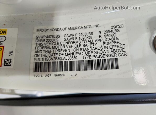 1HGCV2F30LA030630 2020 HONDA ACCORD White ძრავის განყოფილების ხედი