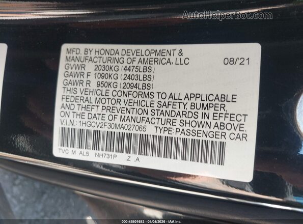 1HGCV2F30MA027065 2021 HONDA ACCORD Black ძრავის განყოფილების ხედი