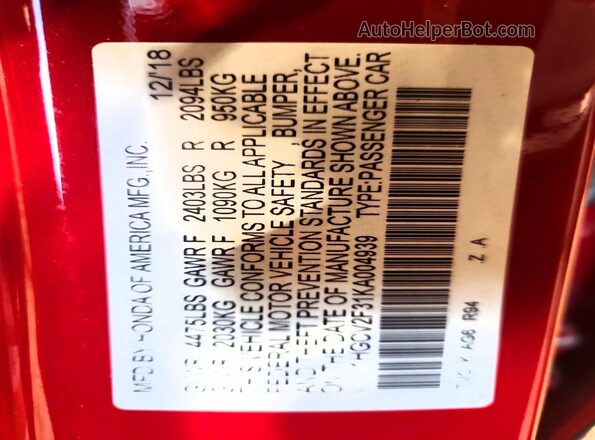 1HGCV2F31KA004939 2019 HONDA ACCORD Red Widok naklejki z numerem VIN