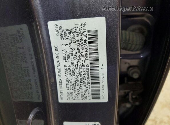 1HGCV2F31KA013785 2019 HONDA ACCORD Gray Widok komory silnika