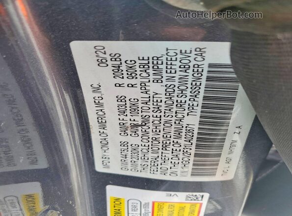 1HGCV2F31LA023671 2020 HONDA ACCORD Charcoal Widok komory silnika