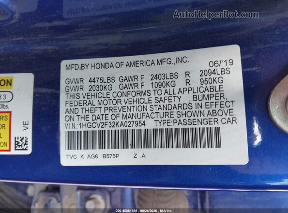 1HGCV2F32KA027954 2019 HONDA ACCORD Blue Widok komory silnika