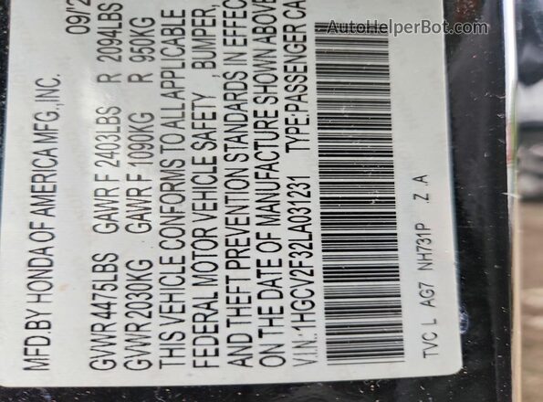 1HGCV2F32LA031231 2020 HONDA ACCORD Black Widok komory silnika