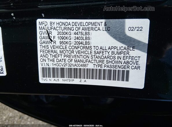 1HGCV2F32NA004887 2022 HONDA ACCORD Black Вид підкапотного простору