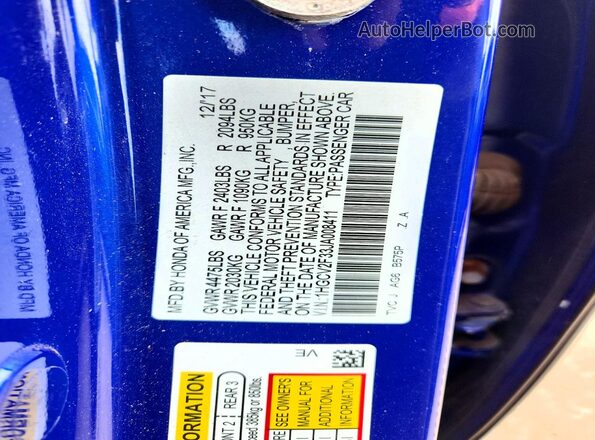 1HGCV2F33JA008411 2018 HONDA ACCORD Blue ძრავის განყოფილების ხედი