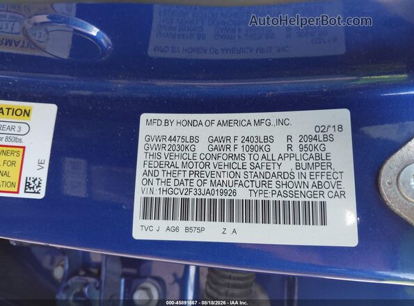 1HGCV2F33JA019926 2018 HONDA ACCORD Blue Vista del compartimento del motor