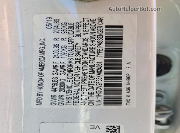 1HGCV2F33KA024061 2019 HONDA ACCORD White ძრავის განყოფილების ხედი