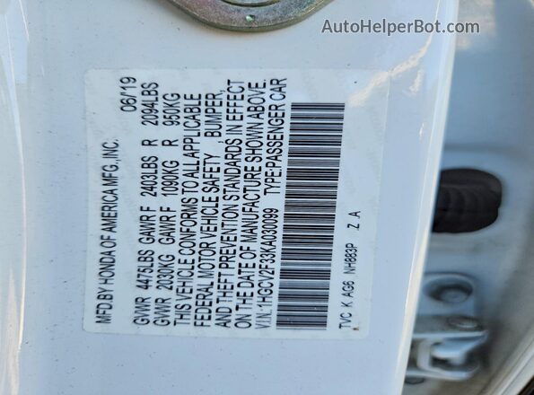1HGCV2F33KA030099 2019 HONDA ACCORD White ძრავის განყოფილების ხედი