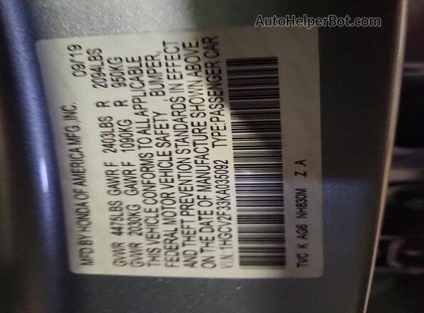 1HGCV2F33KA035092 2019 HONDA ACCORD Gray VIN sticker view