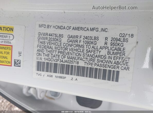 1HGCV2F34JA025718 2018 HONDA ACCORD White Vista del compartimento del motor