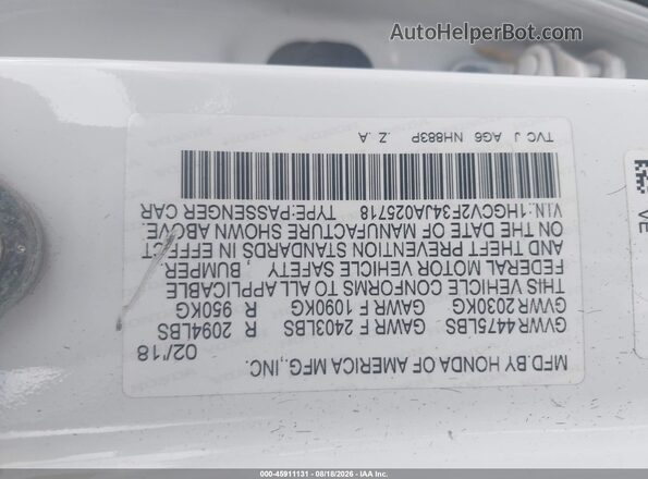 1HGCV2F34JA025718 2018 HONDA ACCORD White Vista del cuadro de instrumentos