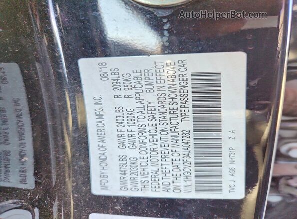 1HGCV2F34JA047282 2018 HONDA ACCORD Black Вид підкапотного простору