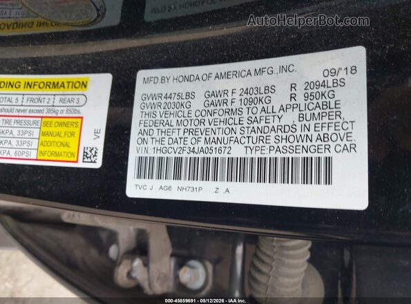 1HGCV2F34JA051672 2018 HONDA ACCORD Black Вид підкапотного простору