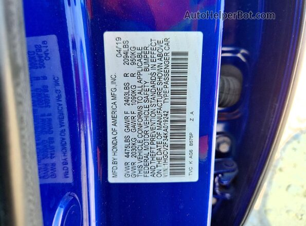 1HGCV2F34KA019242 2019 HONDA ACCORD Синий Вид подкапотного пространства