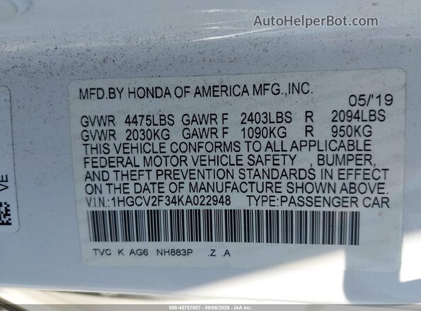 1HGCV2F34KA022948 2019 HONDA ACCORD White Вид підкапотного простору