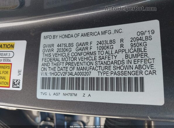 1HGCV2F34LA000207 2020 HONDA ACCORD Gray Widok komory silnika