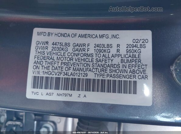 1HGCV2F34LA012129 2020 HONDA ACCORD Gray Vista del compartimento del motor