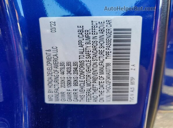 1HGCV2F34NA007788 2022 HONDA ACCORD Blue Widok komory silnika