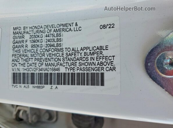 1HGCV2F34NA016846 2022 HONDA ACCORD White VIN კოდის სტიკერის ხედი