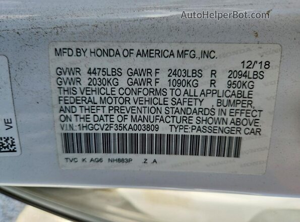 1HGCV2F35KA003809 2019 HONDA ACCORD White Շարժիչի բաժամունքի տեսք