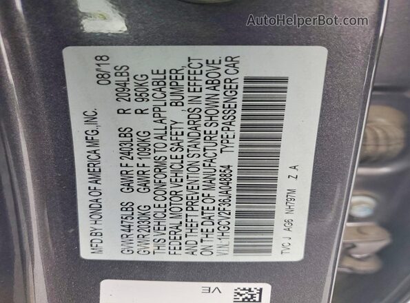 1HGCV2F36JA048854 2018 HONDA ACCORD Gray ძრავის განყოფილების ხედი