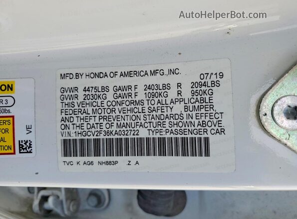 1HGCV2F36KA032722 2019 HONDA ACCORD White VIN կոդի պիտակի տեսք