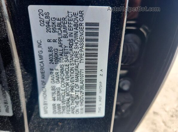 1HGCV2F36LA010771 2020 HONDA ACCORD Black VIN კოდის სტიკერის ხედი