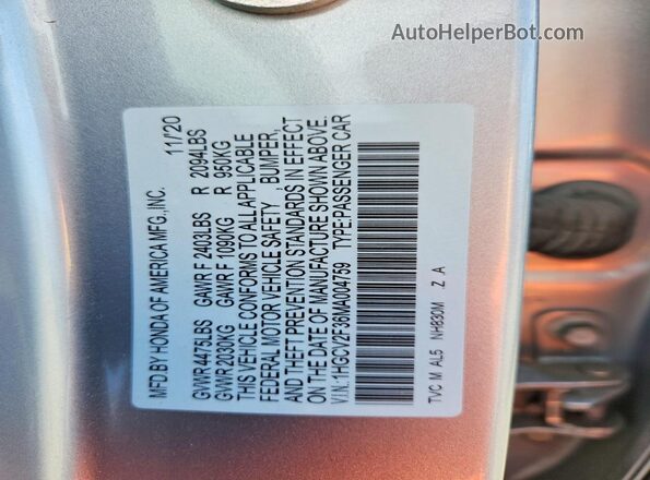 1HGCV2F36MA004759 2021 HONDA ACCORD Silver Вид наклейки з VIN-кодом