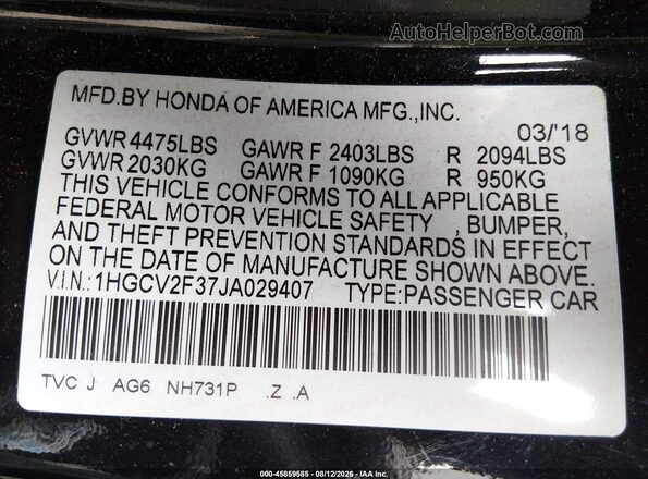 1HGCV2F37JA029407 2018 HONDA ACCORD Black Engine compartment view