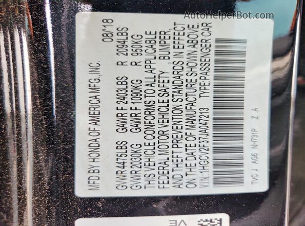 1HGCV2F37JA047213 2018 HONDA ACCORD Black Вид наклейки з VIN-кодом