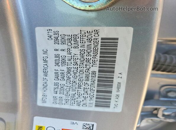1HGCV2F37KA018389 2019 HONDA ACCORD Silver ძრავის განყოფილების ხედი
