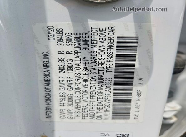 1HGCV2F37LA018829 2020 HONDA ACCORD White Widok komory silnika