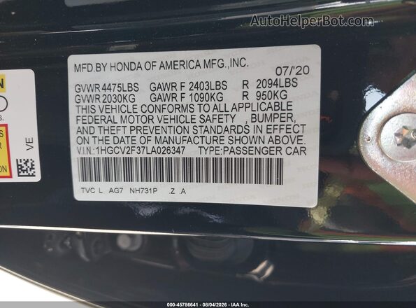 1HGCV2F37LA026347 2020 HONDA ACCORD Black Շարժիչի բաժամունքի տեսք