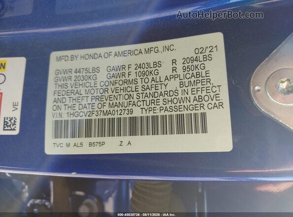 1HGCV2F37MA012739 2021 HONDA ACCORD Blue Вид підкапотного простору