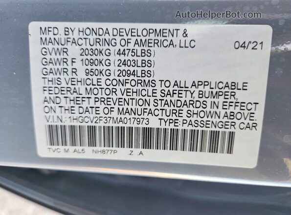1HGCV2F37MA017973 2021 HONDA ACCORD Gray Vista del compartimento del motor