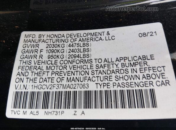1HGCV2F37MA027063 2021 HONDA ACCORD Черный Вид подкапотного пространства