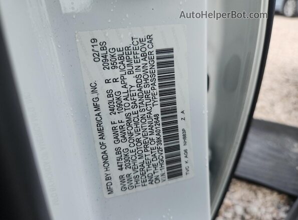 1HGCV2F38KA012648 2019 HONDA ACCORD White Вид підкапотного простору