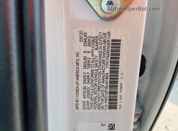 1HGCV2F38LA018824 2020 HONDA ACCORD White VIN կոդի պիտակի տեսք
