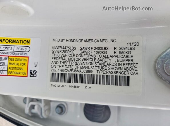 1HGCV2F38MA003869 2021 HONDA ACCORD White Vista del compartimento del motor