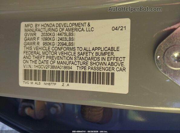 1HGCV2F38MA018694 2021 HONDA ACCORD Gray Вид підкапотного простору