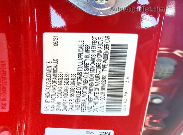 1HGCV2F38MA022468 2021 HONDA ACCORD Red Вид підкапотного простору