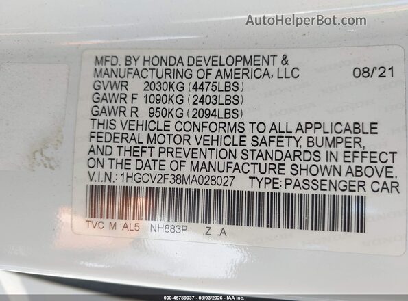 1HGCV2F38MA028027 2021 HONDA ACCORD White ძრავის განყოფილების ხედი