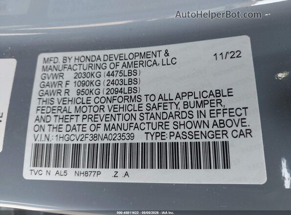 1HGCV2F38NA023539 2022 HONDA ACCORD Light Blue Вид подкапотного пространства
